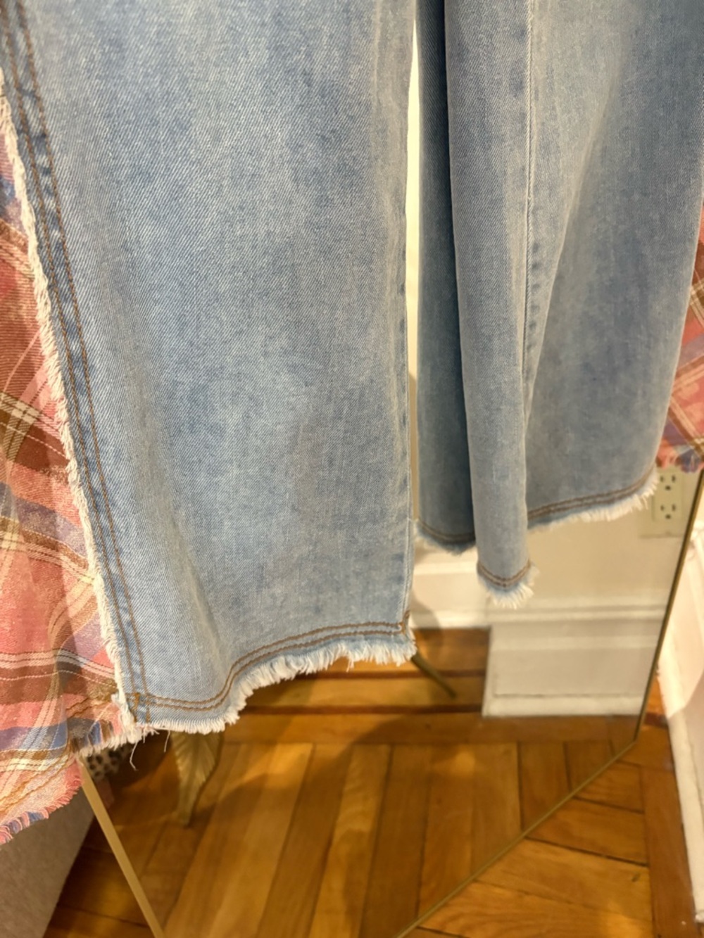 NWT POL LARGE Patchwork Wide-Leg Women’s Jeans in Light Blue Floral & Plaid - Picture 6 of 6